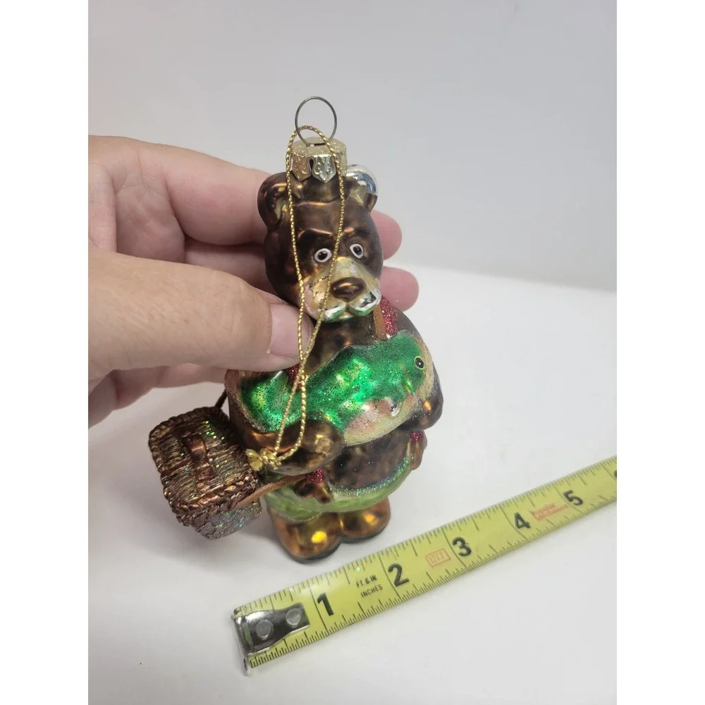Glass Bear Fisherman Ornament with Fish and‎ Basket Holiday Decor